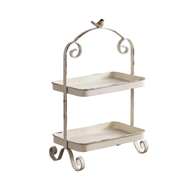 Metal White Double Height Tray with Retro Bird Finale, Cake Stand, Kitchen Storage Accessories