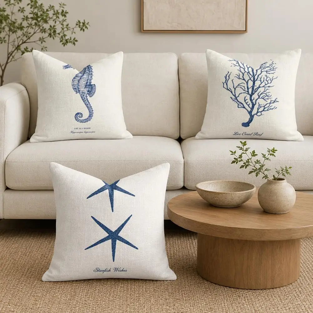 Minimalist Marine Life Cushion Cover Natural Linen Organic Fabric Double-Sided Printing Sofa Home Decor Gift Pillow Cover