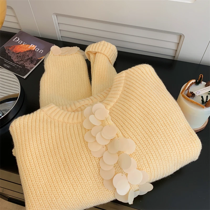 Yellow Sequin Knitted Cardigans Women Spring Autumn New O-Neck Single Breasted Warm Sweater Coat Gentle Elegant Female Tops