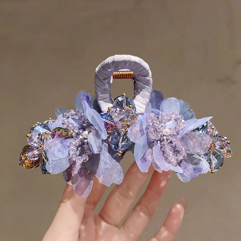 Luxury Purple Crystal Mesh Flower Shark Hair Clip Fairy Glitter Hair Claw Large Capacity Hair Barrettes Women Hair Accessories