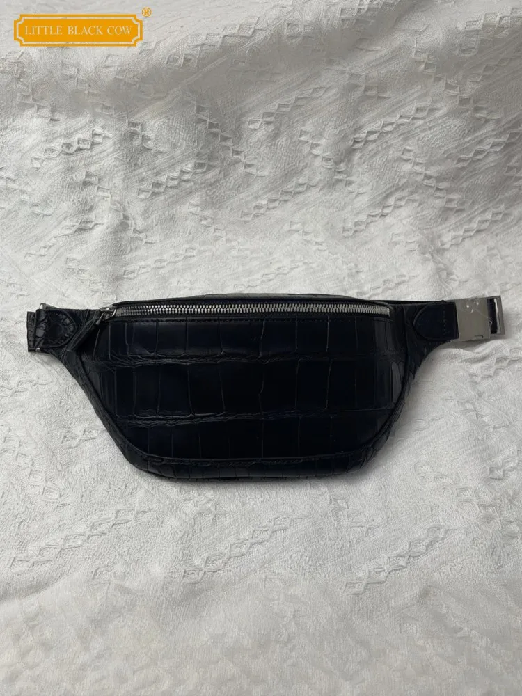 Mens Genuine Leather Bag High Quality Crocodile Leather Black Chest Bag Casual Single Shoulder Crossbody Bags Fashion Handbag