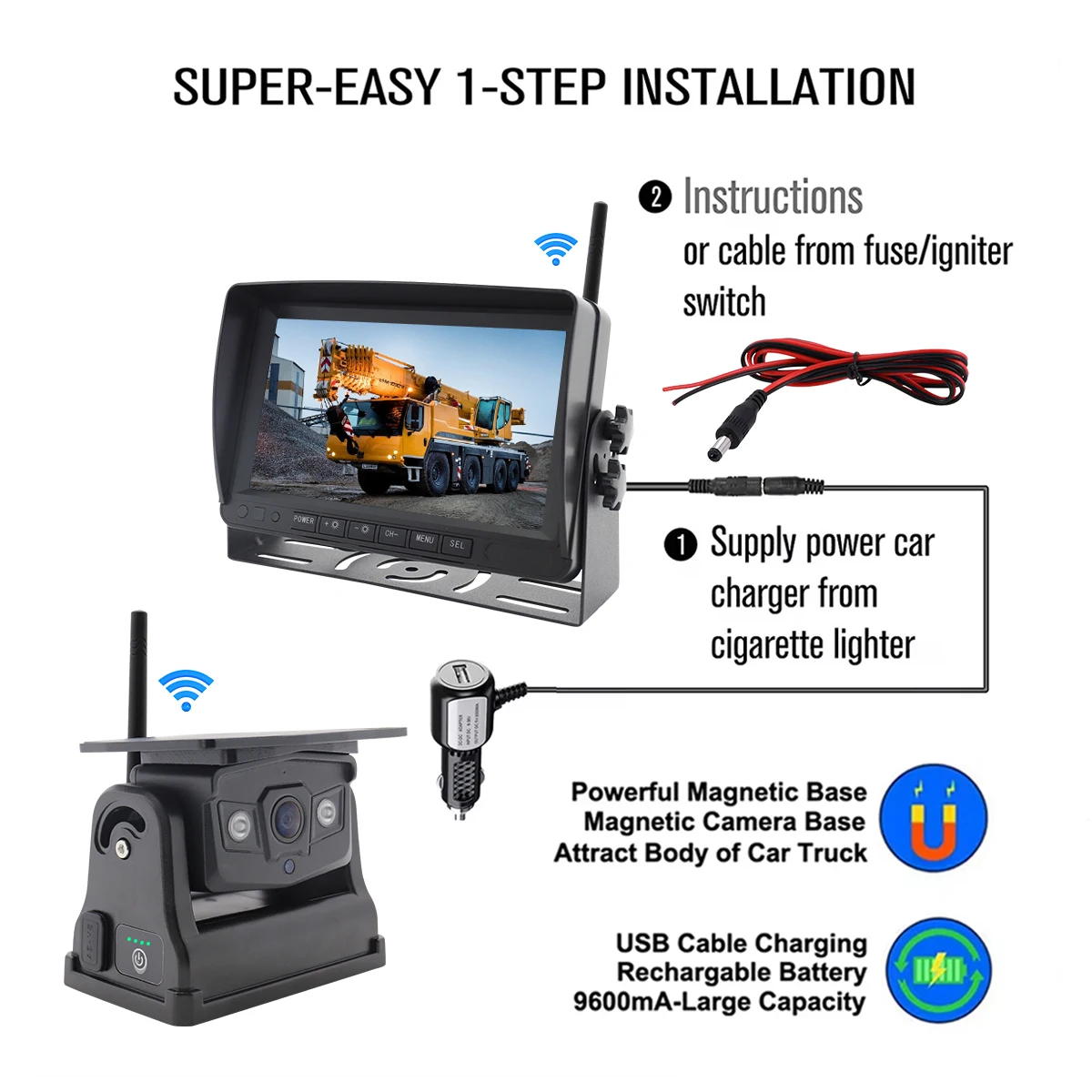 YWX Magnetic Solar Wireless Backup Camera HD1080P DVR 7" IPS Monitor Reverse Camera System for RV Camper Trailer Semi Truck