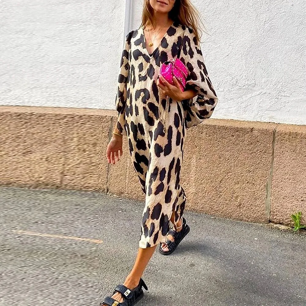 Long V-Neck Loose Lantern Sleeve Leopard Print Dress Maxi Dresses Spring Summer