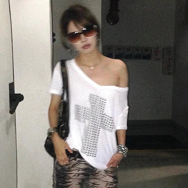 Japanese Y2k Metal Cross Print T-shirt Trashy 2000s V-neck Sheer Tops Vintage Harajuku Short Sleeve Streetwear