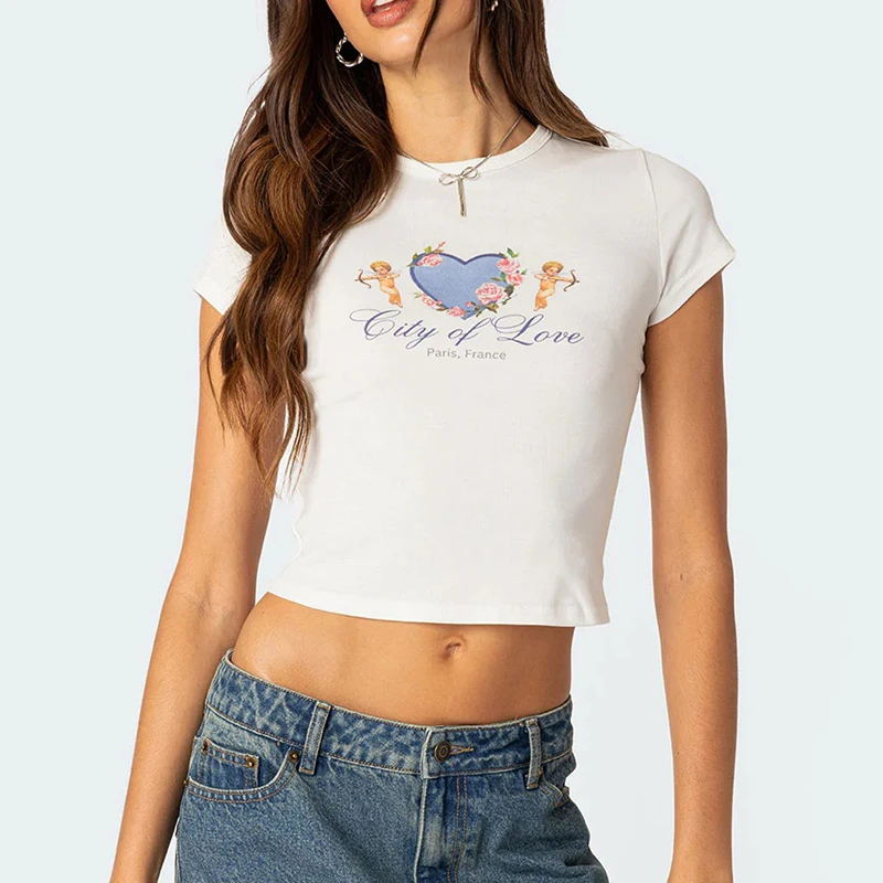 Sexy Hot Women High Street Hip Hop Short Sleeve T Shirt Angel Cupid Print Crop Top Y2K Multi-style Fashion Aesthetic Streetwear