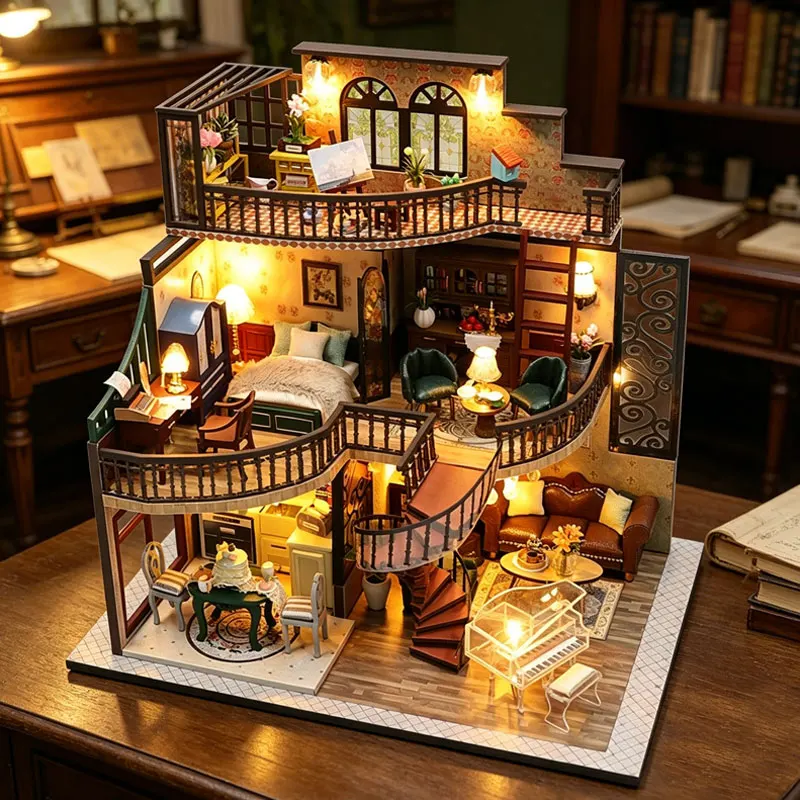 

Retro Loft DIY Miniature Dollhouse Kit with LED Light 3D Wooden Puzzle Building with Full Furniture Creative Gifts Home Decor