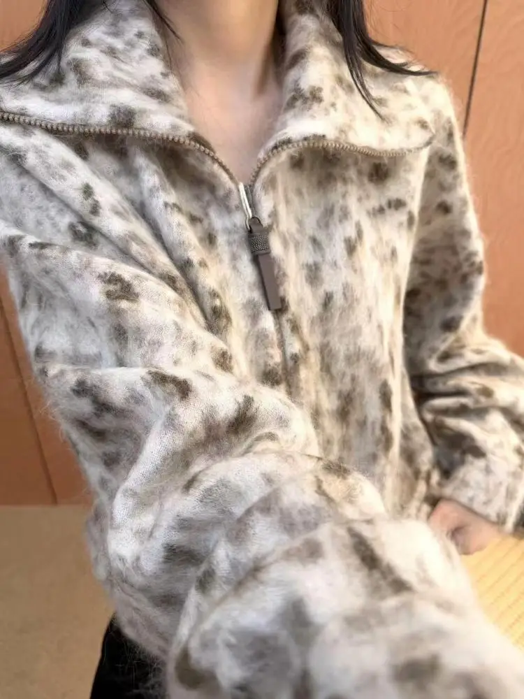 2026 Autumn High-street Leopard Print Retro Mohair Skin-friendly Fashionable Western Style Polo Collar Zipper Coat Cardigan