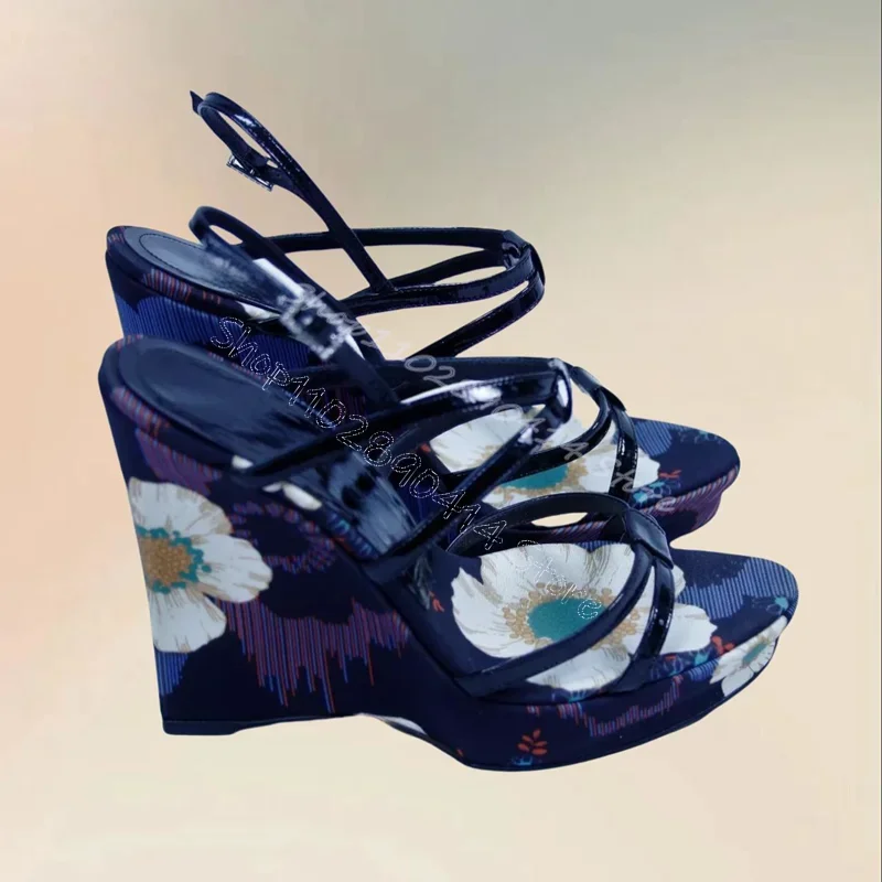 Blue Floral Print Wedges Heel Strappy Sandals Ankle Buckle Strap Women Shoes Open Toe Novel Party Feast 2026 Zapatos Para Mujere