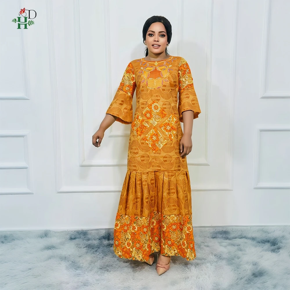 African Dress For Woman Traditional Dresses Turkey Dress Embroidered Orange Bazin Riche Lace Luxury Elegant 2024 Africa Clothing