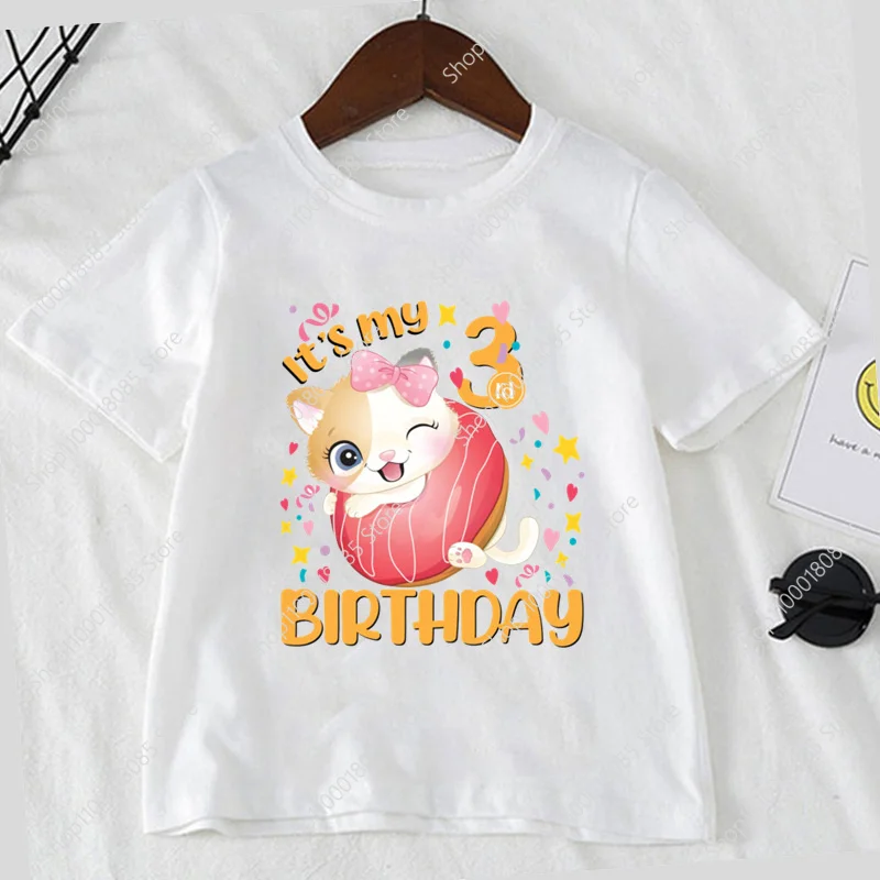 Girls Donut Cat Birthday Number Shirt Cute 1-9 Year Donuts Girl T-Shirt Wild Tee Party T Shirt Doughnut Clothes Kids Gifts Tops