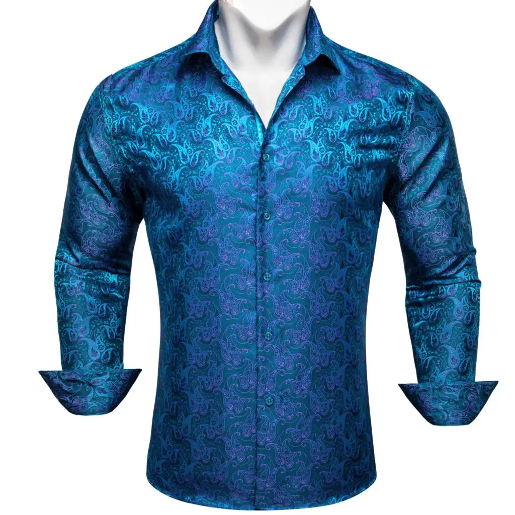 

Designer Shirts for Men Silk Long Sleeve Sky Blue Pink Black Paisley Slim Fit Male Blouses Casual Breathable Tops Barry Wang