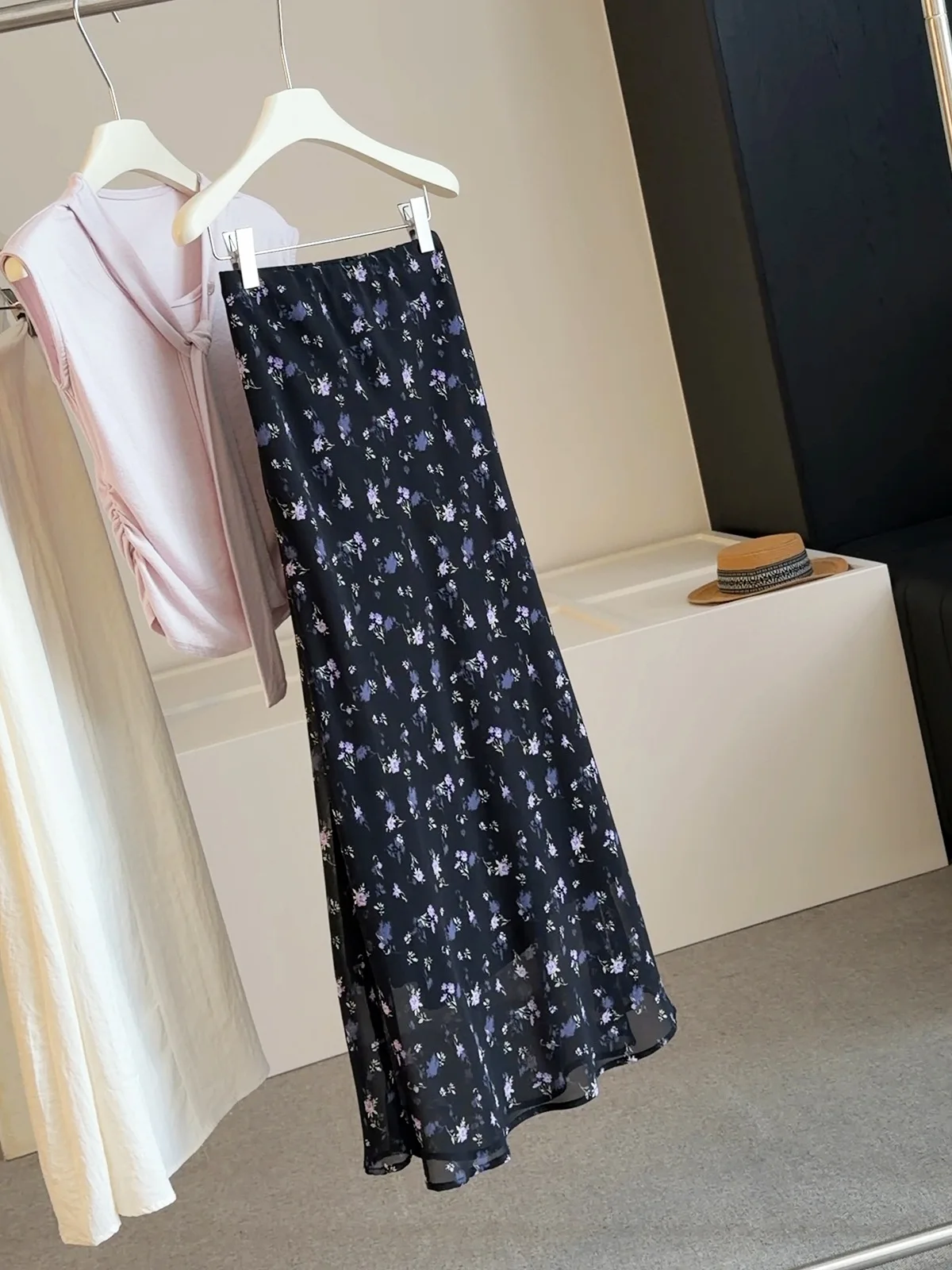 Black Base Purple Tiny Floral Chiffon Midi Skirt Women Elastic High Waist Flowy Layered A-Line Long Skirt