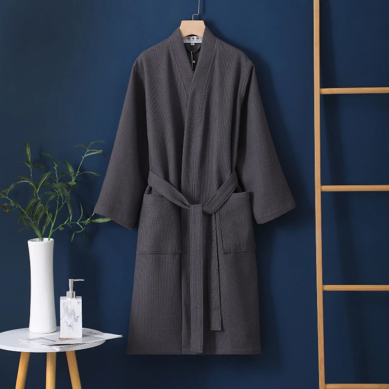 Couples 100% Cotton Bathrobe Kimono Bathrobe Comfortable Men&Women Robes V-neck Sleepwear Nightgown Solid Waffle Hotel