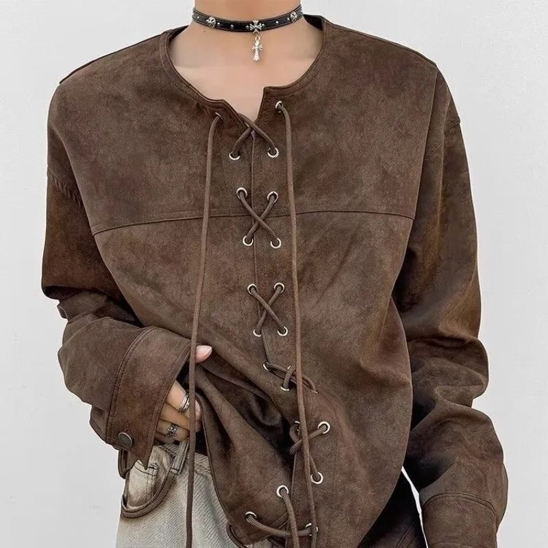 Autumn New Drawstring Cardigan Coats for Men American Retro Brown Motorcycle Faux Leather Jacket for Men Western Cowboy Jacket