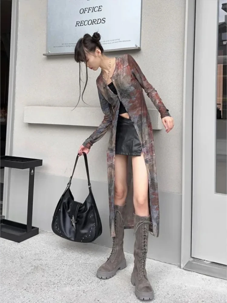 Y2k Long Sleeve Cardigan Mesh Vintage Oil Painting Print Coat Women 2025 Summer New Slim Fit Tops Mujer