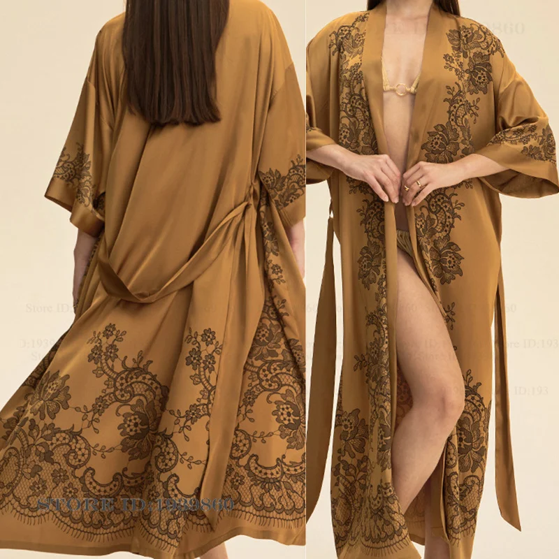 

Sexy Female Long Robe Kimono Bathrobe Gown Spring Summer Silk Satin Sleepwear Nightgown Plus Size Loose Home Dress Lounge Wear