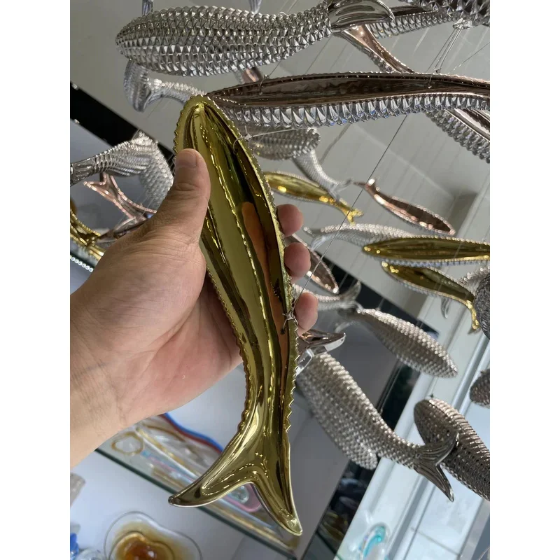 

Hotel Lobby Front Desk Sales Department Restaurant Fish Shape Creative Chandelier Glass Fish Gold Chrome