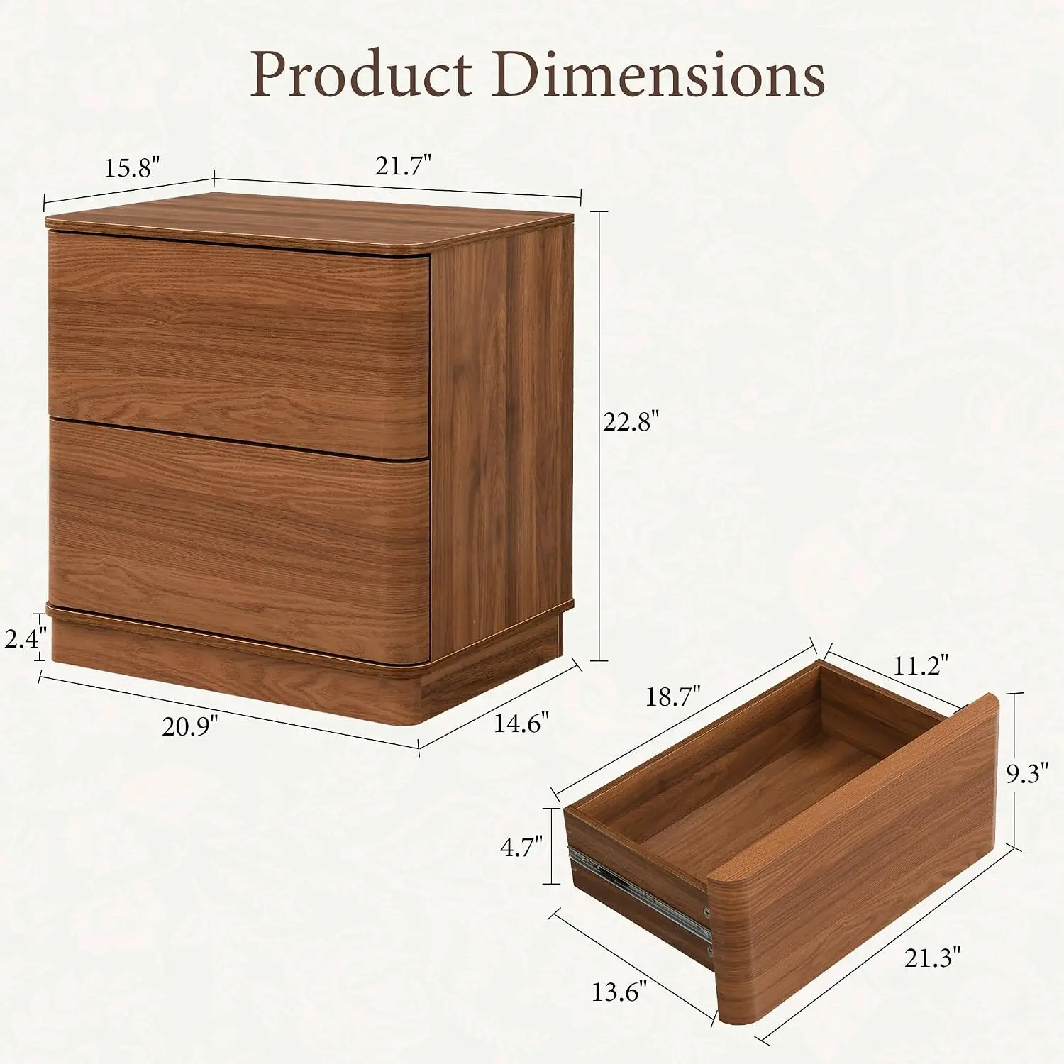 Nightstands Set of 2 with 2 Push to Open Drawers Storage | Rounded Edges Bedside Table, 22'' Modern Wooden End, Customized