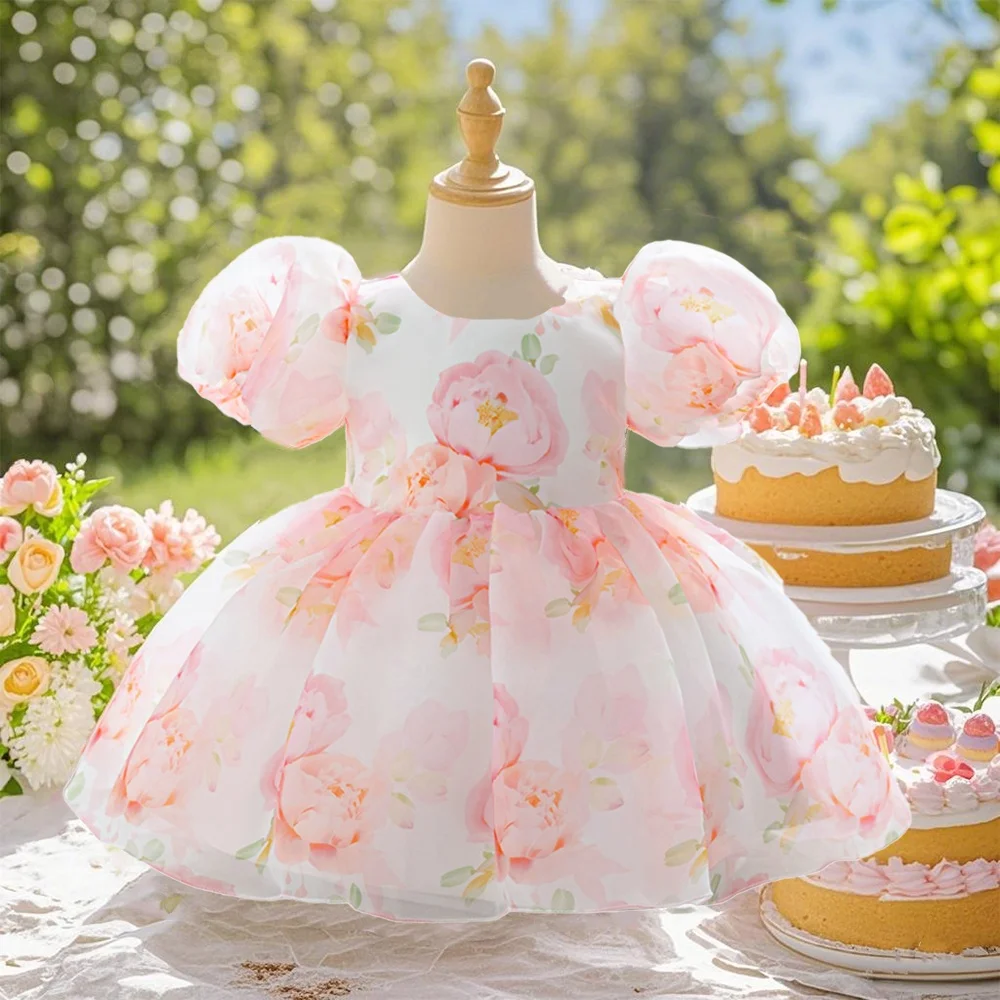 Floral dress floral dress bubble sleeve elegant dress baby girl pink cute dress suitable for birthday parties