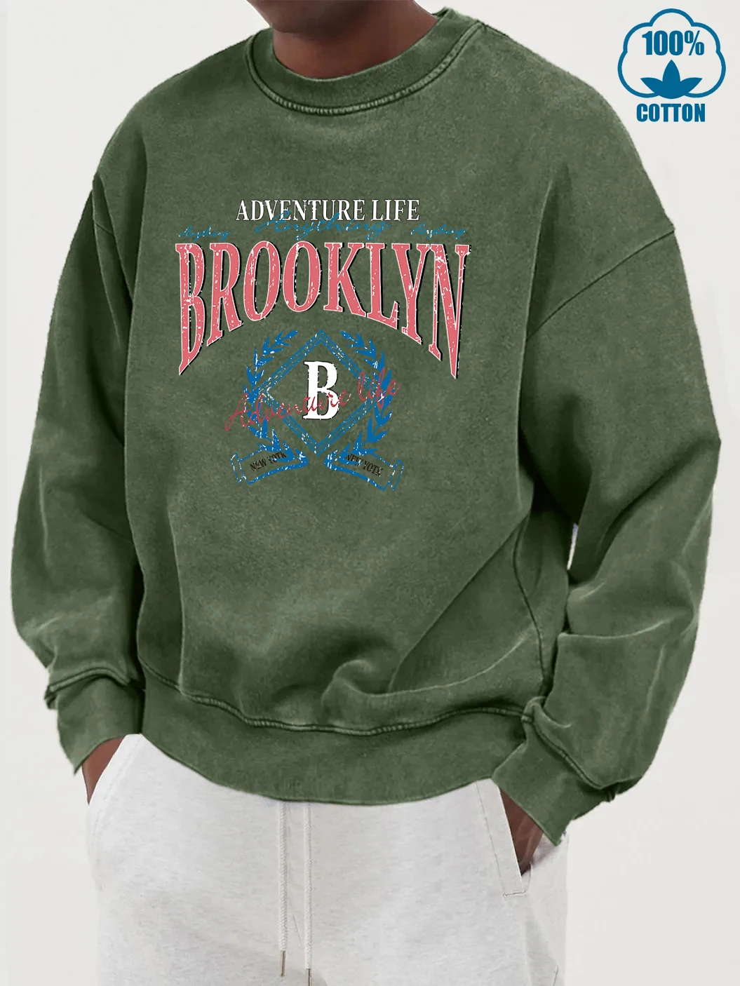 Adventure Life Brooklyn Prints Men Fashion Washed Cotton Sweatshirt Casual Basic Pullover Street Crewneck Clothes Autumn Hoodie