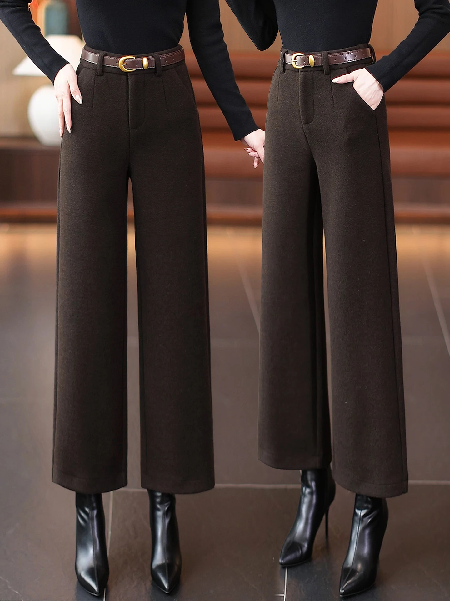 

Шерстяные брюки с высокой талией и широкими штанинами для женщин, осенне-зимняя новинка, повседневные прямые брюки-костюм из мягкой комфортной ткани