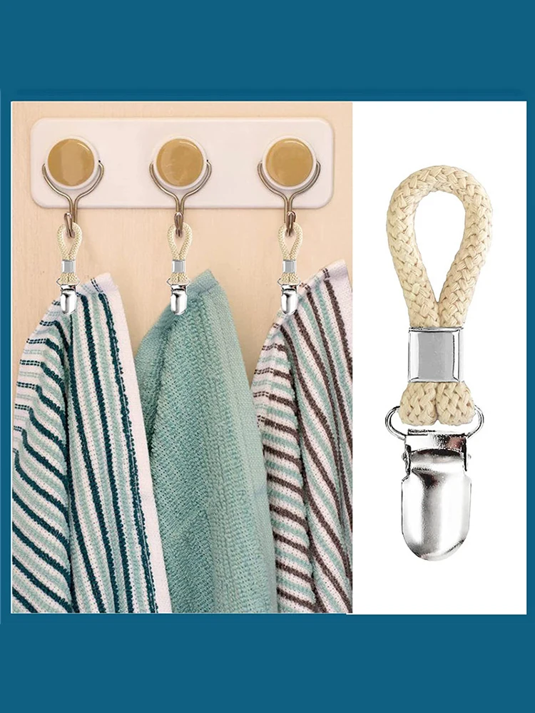 4 Stück Handtuch-Aufhängesclips, geflochtene Mehrzweck-Baumwollschlaufe, Metallhaken, Küchen- und Badezimmer-Aufbewahrungsklammern, Socken- und Kleiderhaken – Detail 7