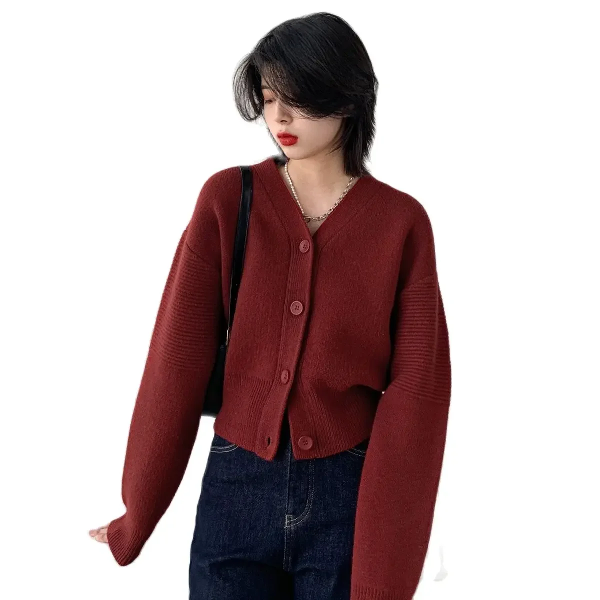 CHIC VEN Korean Fashion Women\'s Sweater Contracted Short V Collar Long Sleeve Cardigan for Woman Female Top Autumn Winter 2024