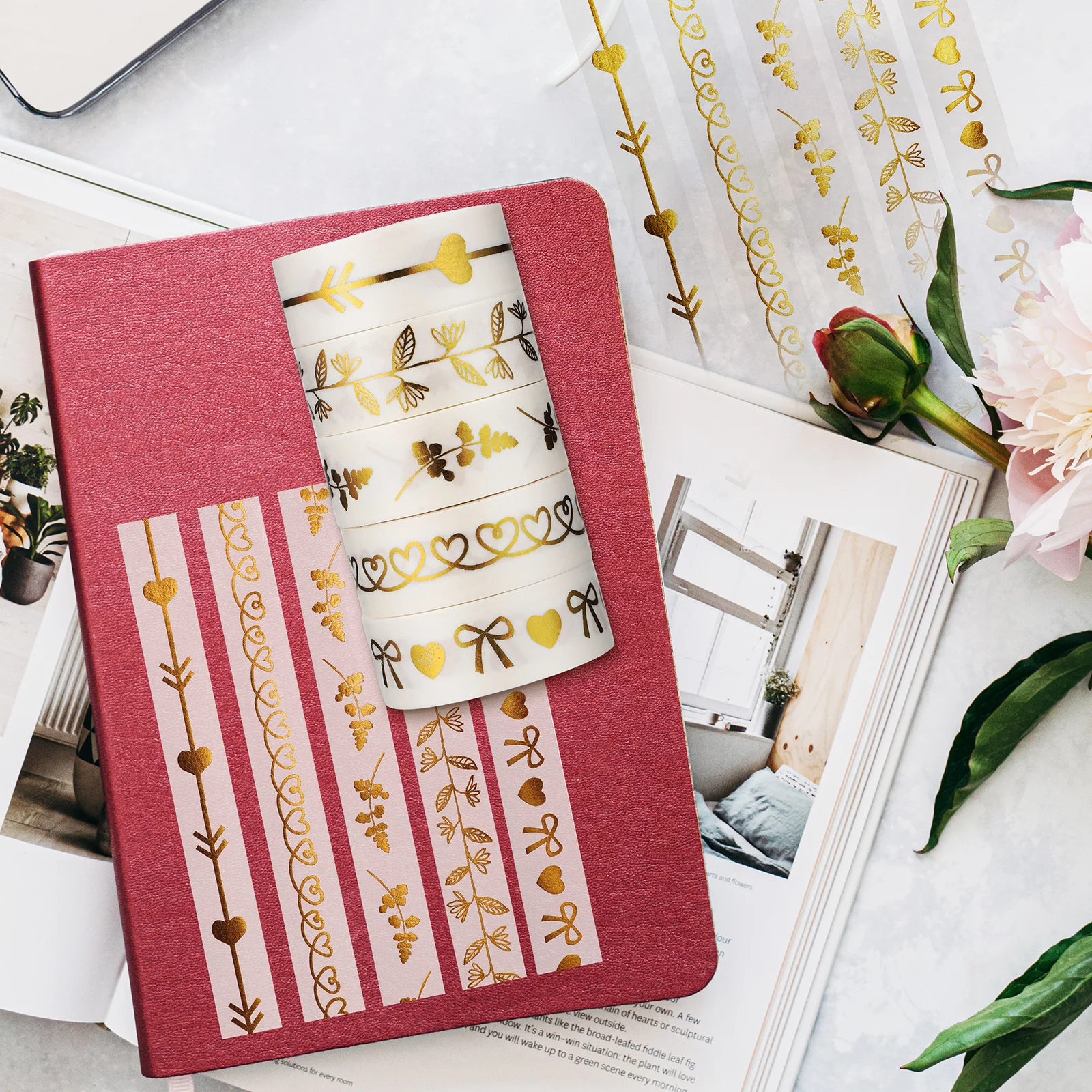 

5 Rolls Premium Bronzing Washi Tape for Scrapbooking Journal Diary Crafts Strong Adhesive Decorative Tool Adhesive Tapes