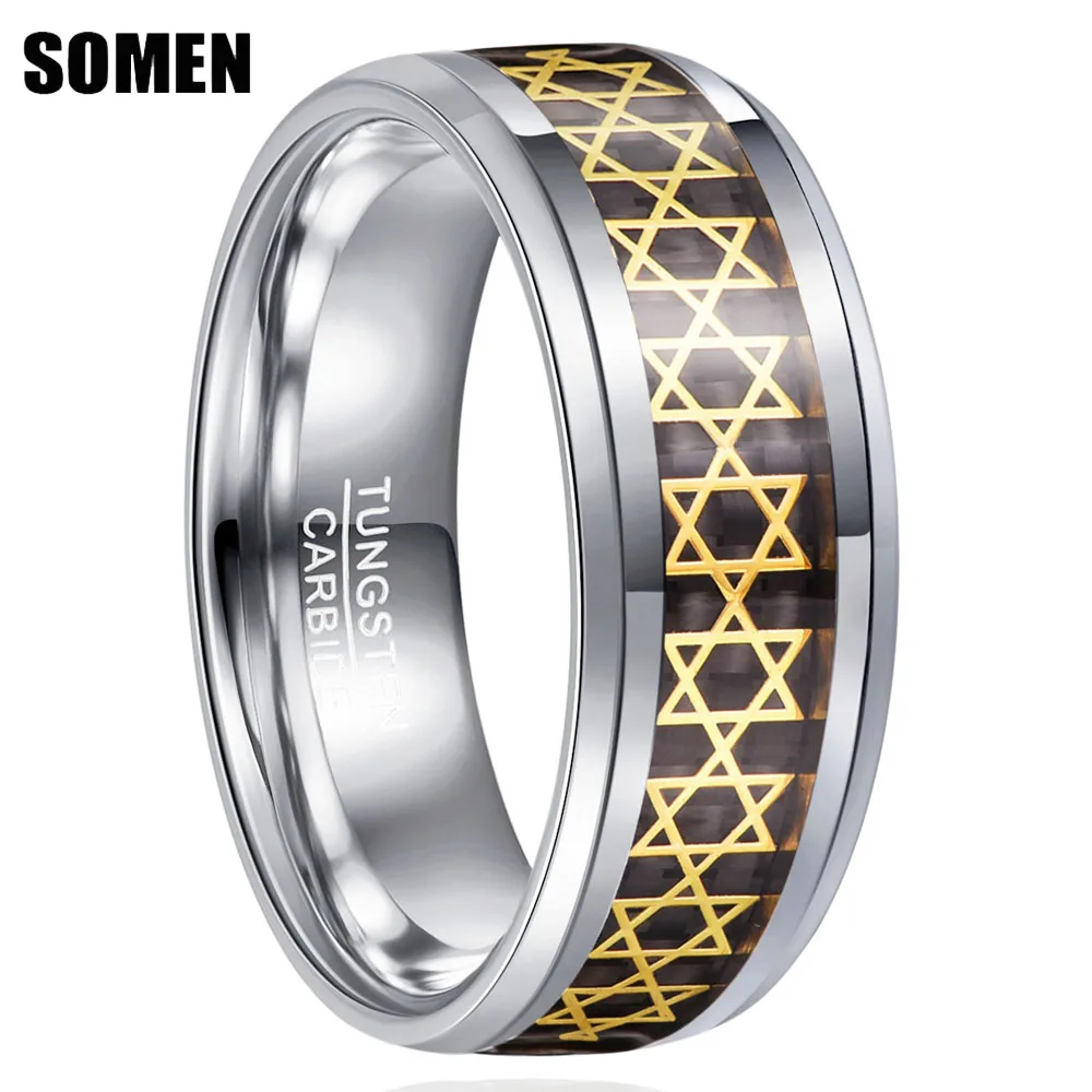 Somen 8mm Star of David Tungsten Ring For Men Hexagram Jewish Six Pointed Rings Israel Emblem Punk Jewelry Comfort Fit Anillos