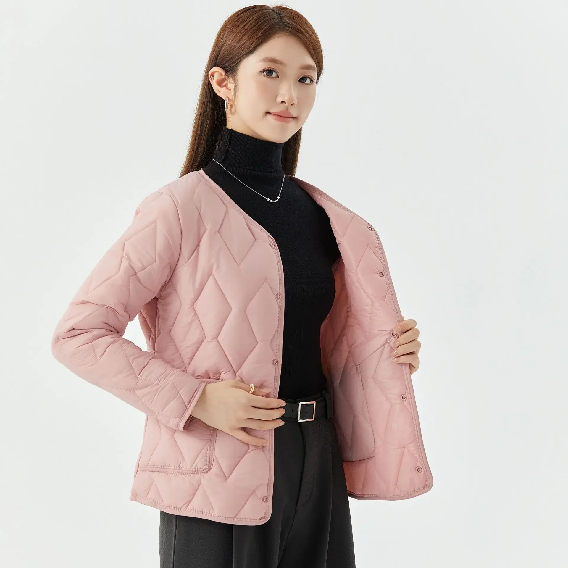 Autumn and Winter New Thin Warm Long-sleeved Cotton Jacket, Women\'s Solid Color Casual Single-breasted Padded Coat with Fleece