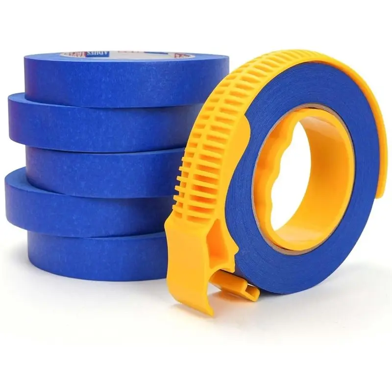 Exquisite-Blue Painters Tape With Dispenser, 6 Rolls UV-Resistant Outdoor Masking Tape For Exterior Painting For Walls, Windows