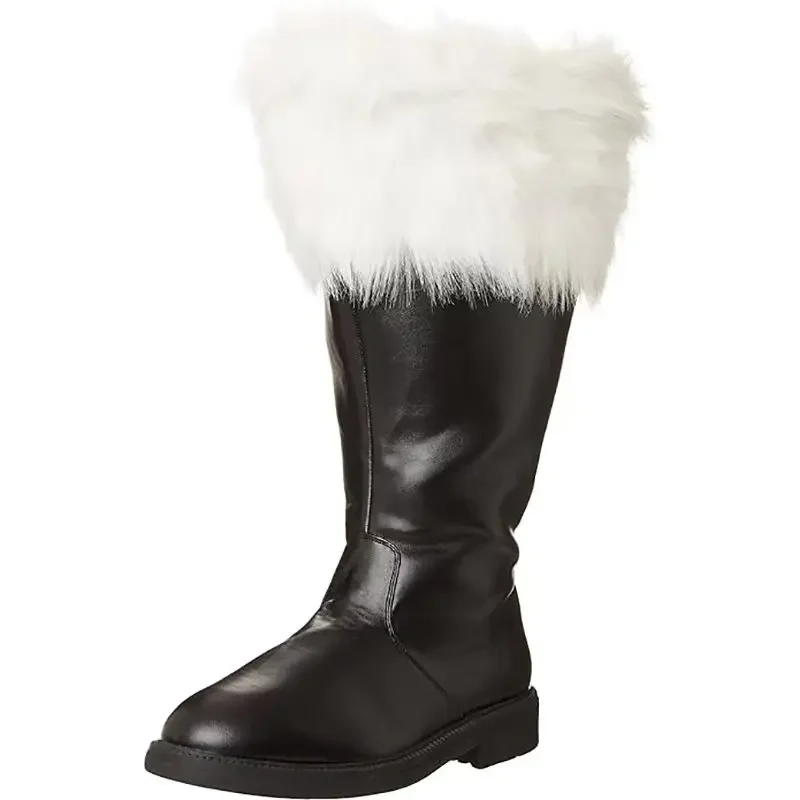 Botas navideñas de Papá Noel para hombre, zapatos de cuero negro, puños de felpa blancos, botas de invierno para Halloween y Navidad