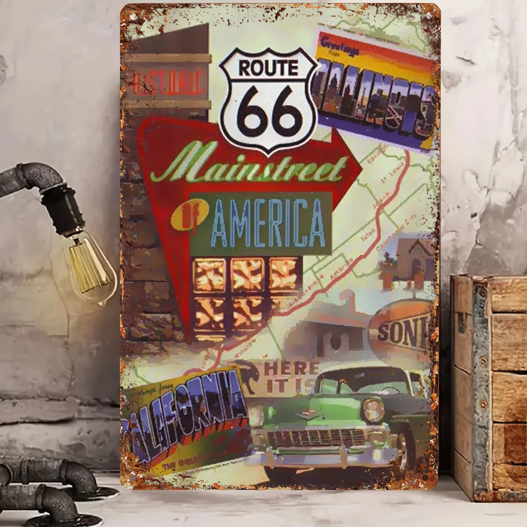 Vintage Route 66 Metal Tin Sign - Retro Americana Wall Art with Classic Cars & Motel Signs, Durable Indoor/Outdoor Decor