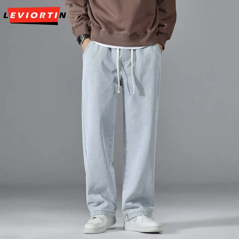 

Мужские летние 2022, новые универсальные модные свободные однотонные джинсовые брюки в японском стиле с завязками и эластичной резинкой на талии