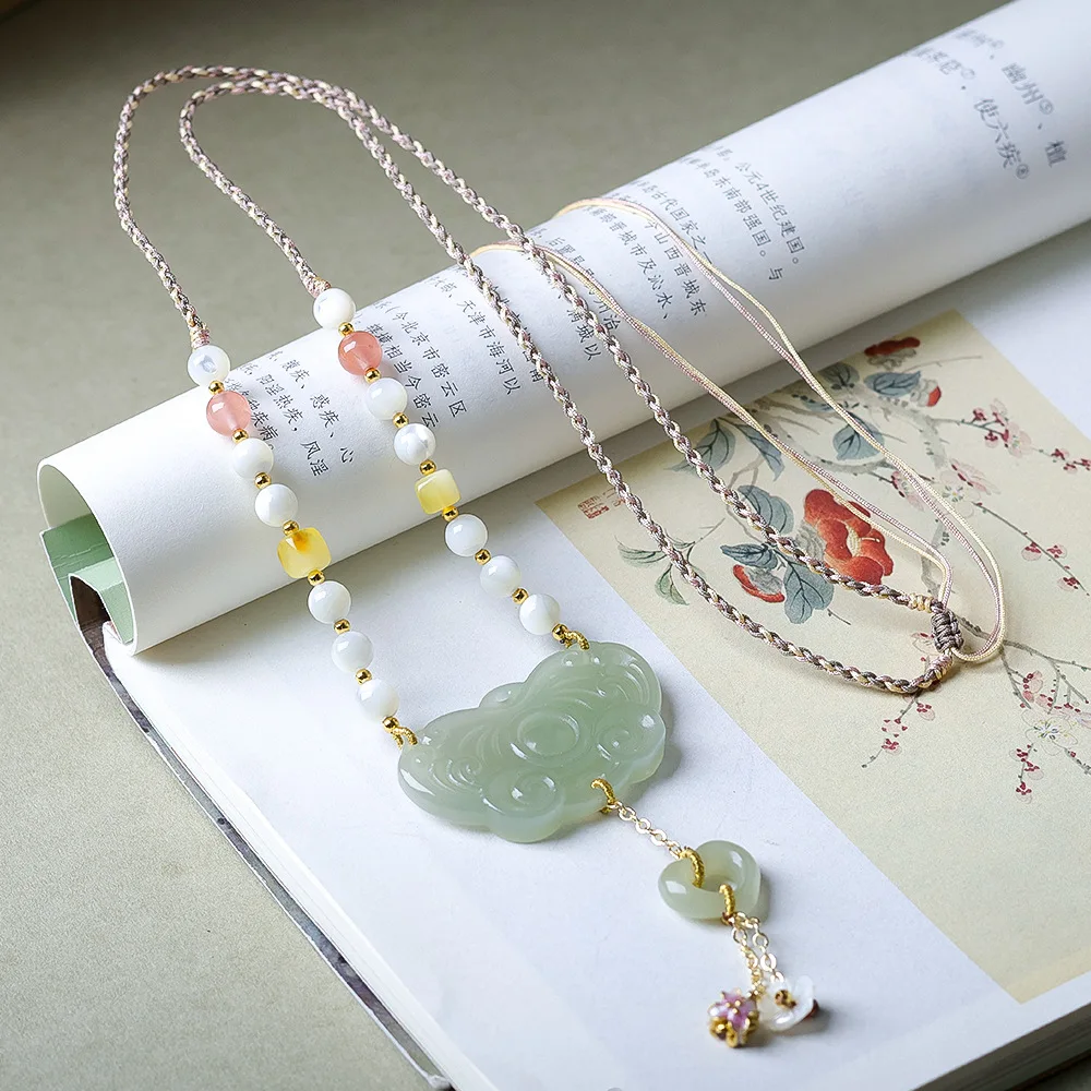Original New Chinese Style Hotan Jade Butterfly Sweater Chain Handcrafted Fishbone Pattern Traditional Chinese Necklace