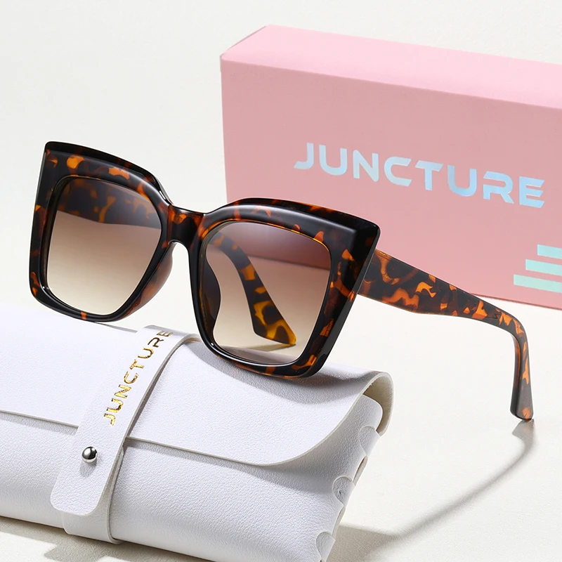 JUNCTURE Übergroße Sonnenbrille für Damen, UV400, Vintage-Katzenaugen-Sonnenbrille, modische Brille, graue Verlaufsgläser, Leoparden-Sonnenbrille für Damen