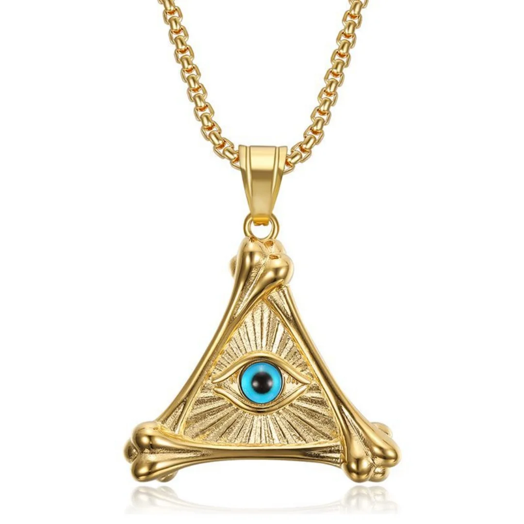 

Punk Rock Fashion Blue Evil Eye Pendant Gold Color Stainless Steel Triangle Amulet Necklace for Women Men Vintage Jewelry Gift
