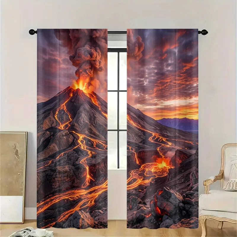 Dramatic Volcano Lava Flow Eruption Sunset Curtains Semi-Sheer Window Decoration Curtain Panel Drapes for Bathroom Kitchen Bedro