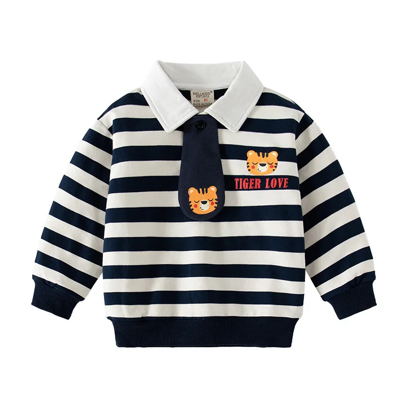 Autumn/Winter 2024 Boys' One-Piece Velvet Sweatshirt, Cartoon Lion Striped, Middle Small Kids Casual Pullover, Ages 3-8 Optional