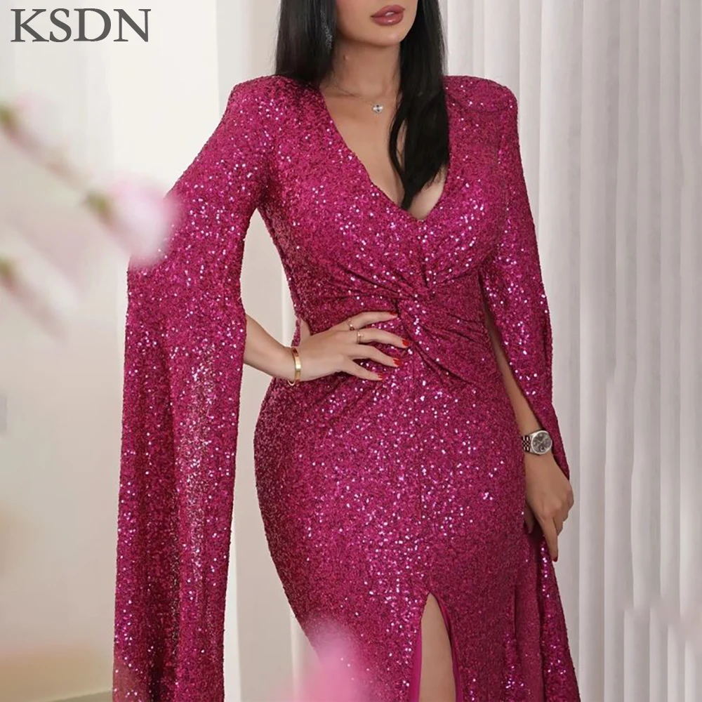 Gaun Malam Berkilau KSDN Gaun Sweetheart Panjang Teh Lengan Panjang Model Cap Fashion Gaun Wanita Seksi untuk Acara Spesial Vestidos