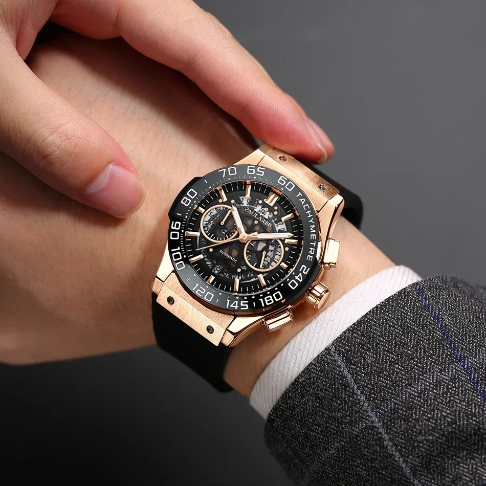 Luxury Chronograph Skeleton Ceramic Bezel Blue Luminous Automatic See Through Rose Gold Titanium Rubber Men Quartz Watch