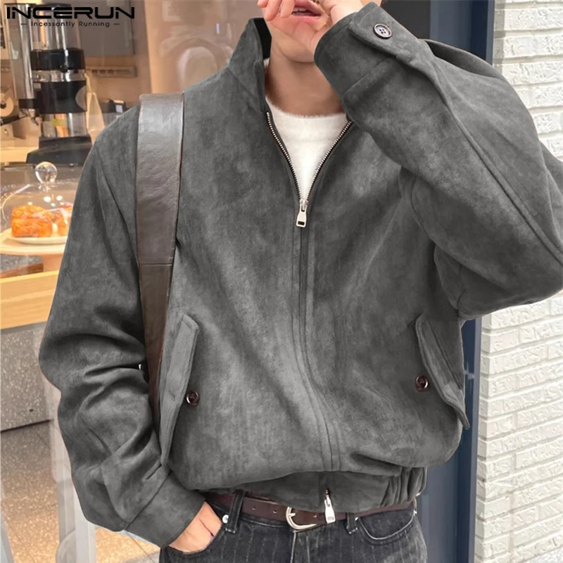 INCERUN Handsome Mens Tops Stylish Button Up Collar Suede Jackets Coat Casual City Walk Male Hot Sale Loose Long Sleeved Jackets