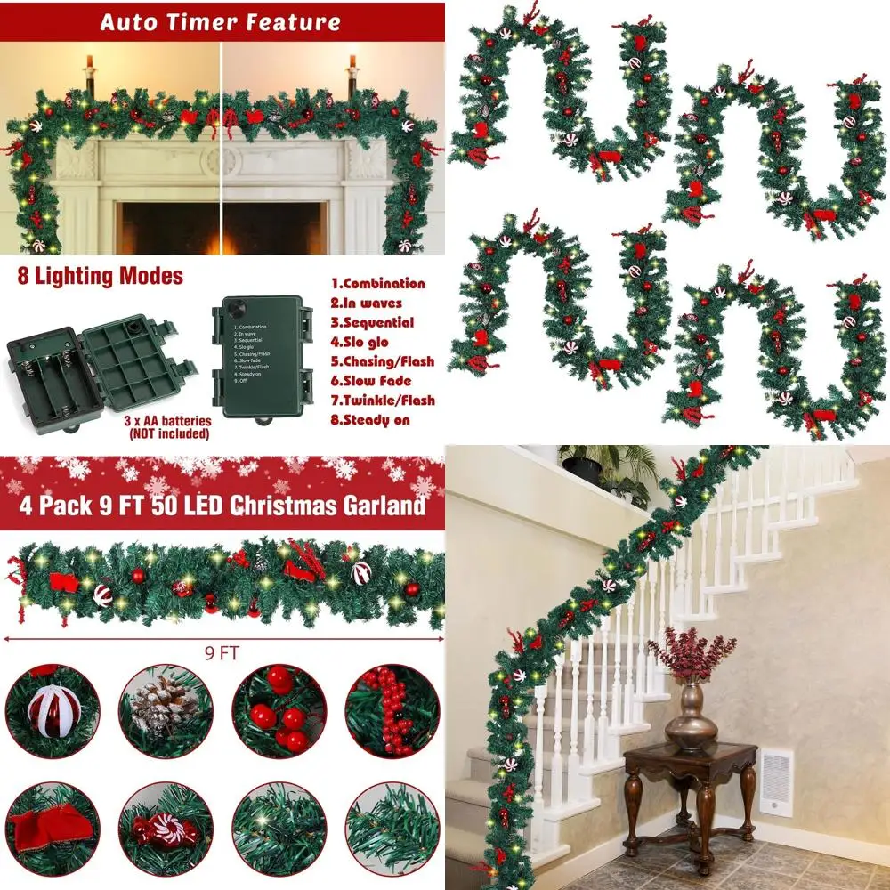 

9FT Multi-Function LED Christmas Garland with Pinecones, Red Berries, Bows, Balls, Candies, 50 Warm White Lights, 180 Branches
