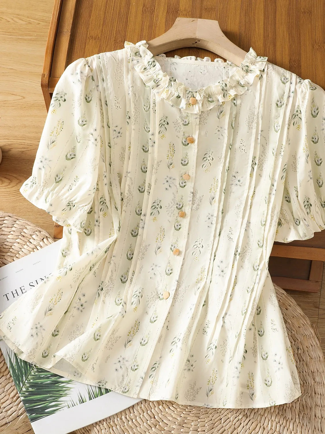 

Retro Countryside Sle ort Sve Floral Print irt Women's Summer Artistic Gauze Collar Top Youthful een Color Blouse