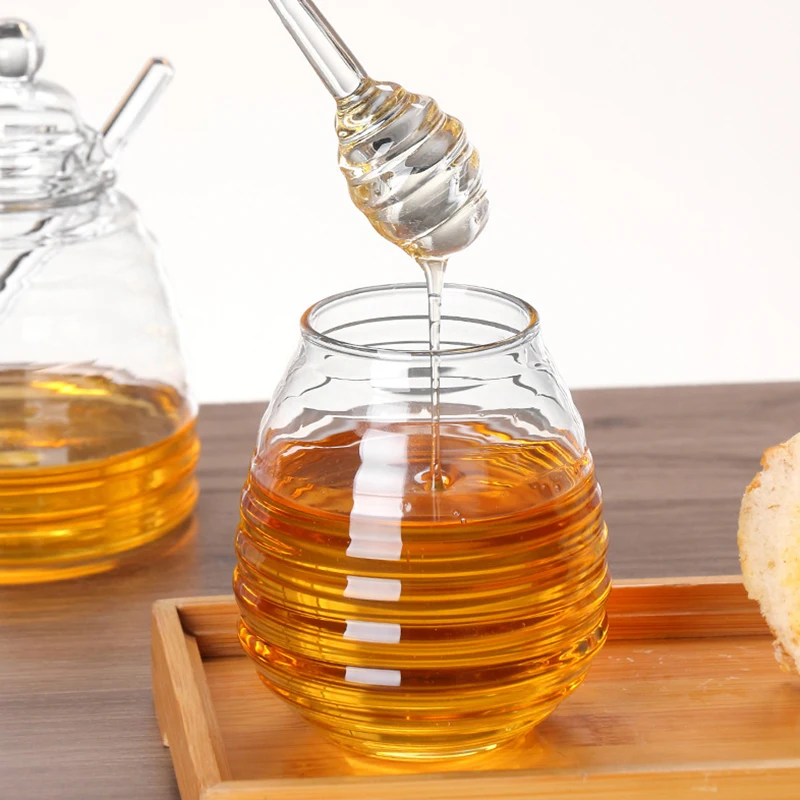 Glass Honeycomb Tank Honey Jar Clear Glass Honey Dispenser With Dipper Stick And Lid Honey Bottle For Kitchen Coffee Bar Baking