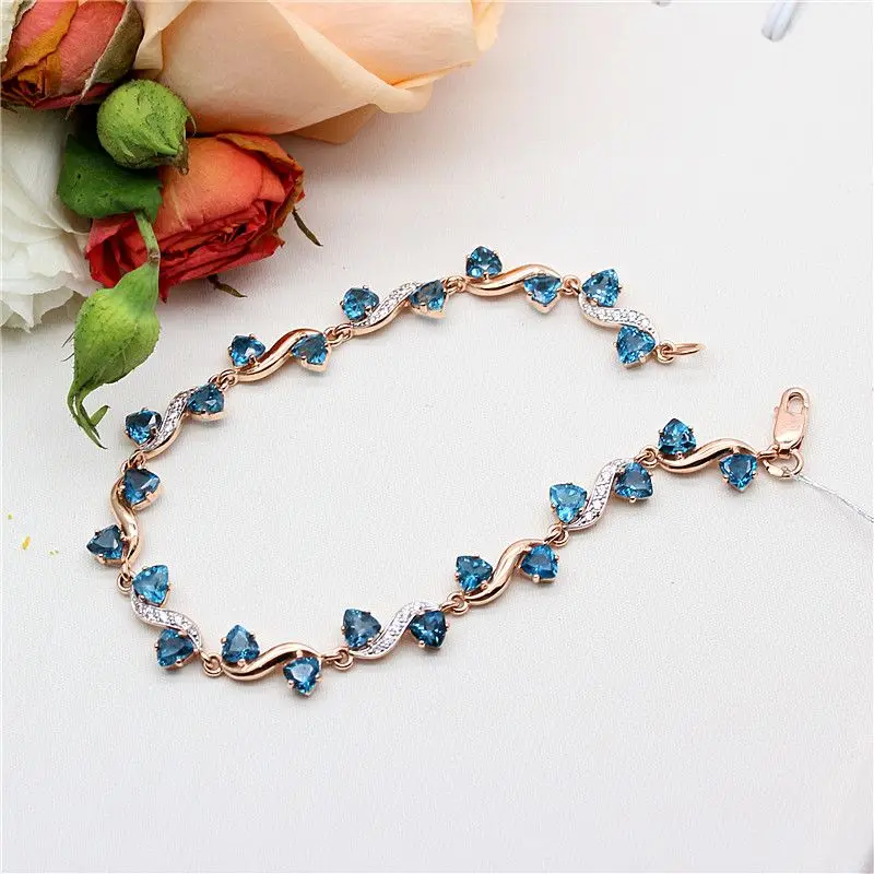 585 Purple Gold inlay Diamond Triangle Blue Gem Bracelets for women Fashion Plated 14K Rose Gold winding bangles Wedding Jewelry view 5