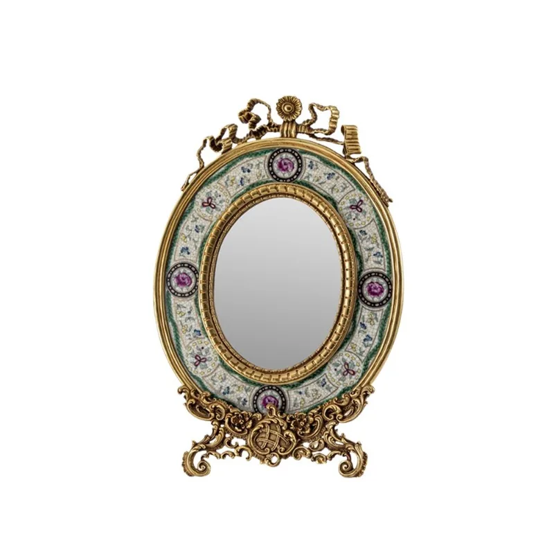 

French art painted ceramic with copper decorative mirror, European villa bedroom dresser desktop makeup mirror