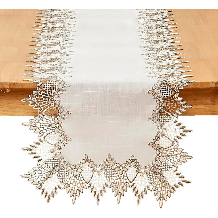 Runner da tavolo in lino naturale da 72 pollici, tonalità neutre della terra, pizzo beige, runner da tavolino artigianali, sciarpa drer per la primavera dell'est