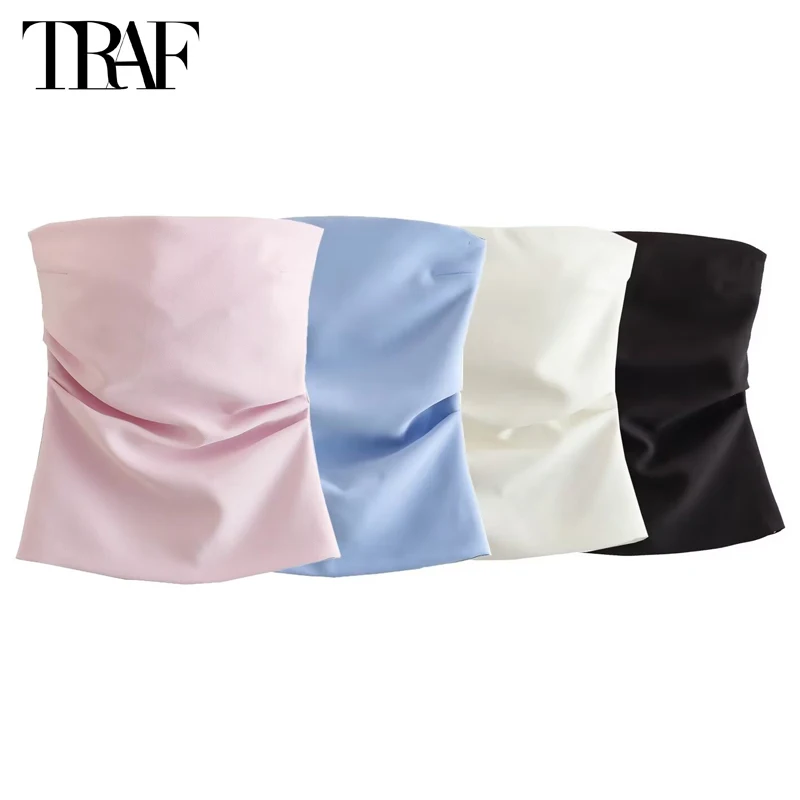 TRAF off Shoulder Crop Top Woman Ruched Backless Tube Top Women Summer Corset Top Female Sexy Tanks Camis Tops for Women 2024