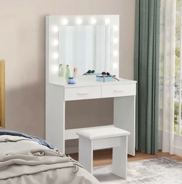 White Dressing Table Set 2 Large Drawers Vanity Makeup Table with Adjustable 3 Color LED Lights